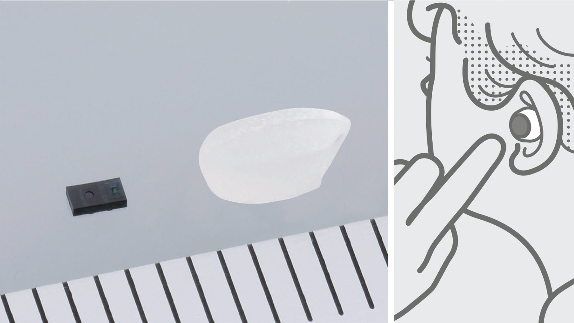 超小型近接センサ＜GP2AP130S00F＞（米粒とのサイズ比較）、右は搭載製品イメージ（ワイヤレスイヤホン）　